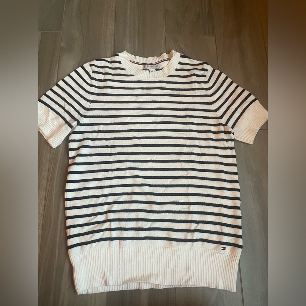 Tommy Hilfiger Womens Black&White Striped Crewneck Short Sleeve Sweater Size S/P